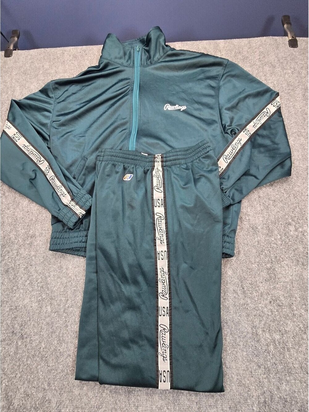 Vintage Rawlings USA Track Suit Mens Teal Jacket L Pants M 90s Warm Up Set